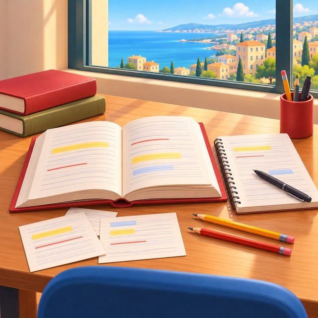 A desk with a notebook and a phone by a window over the sea