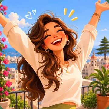 A happy woman with her arms up, the word Mabsout