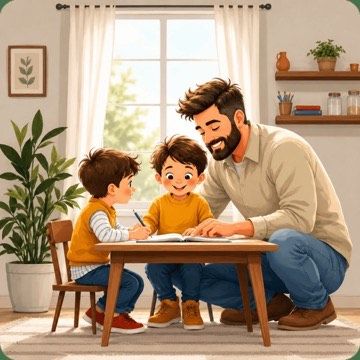 A father helping his children at a table
